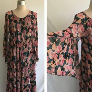 1990S Rose Print Chiffon Flutter Sleeve Trapeze Gown By De Belle France - Boho Style Dress 1920S