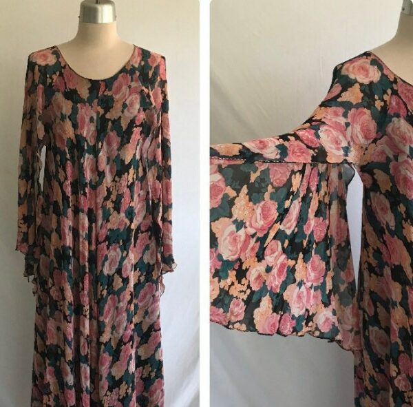 1990S Rose Print Chiffon Flutter Sleeve Trapeze Gown By De Belle France - Boho Style Dress 1920S