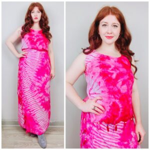 1990S Vintage Hot Pink Rayon Tie Dye Set/90S Nineties Fringe Beaded Shirt & Wrap Sarong Skirt Large - Xl