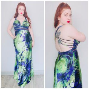 1990S/Y2K Ignite By Carol Lin Green & Blue Evening Gown 90S Vintage Beaded Sheer Waist Backless Abstract Dress Size Large - Xl