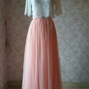 2 Piece Bridesmaid Dress Long Tulle Skirt Sleeve Crop Lace Top Bridesmaid Outfit