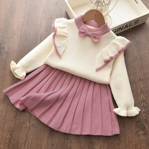 2-piece Baby / Toddler Bowknot Flounced Knitted Top and Pleated Skirt Set