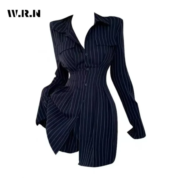 2023 Korean Style Blue Corset Shirt Dress Women Office Ladies Two Pieces High Waist Long Sleeve Mini Striped Blouse Dresses Y2K