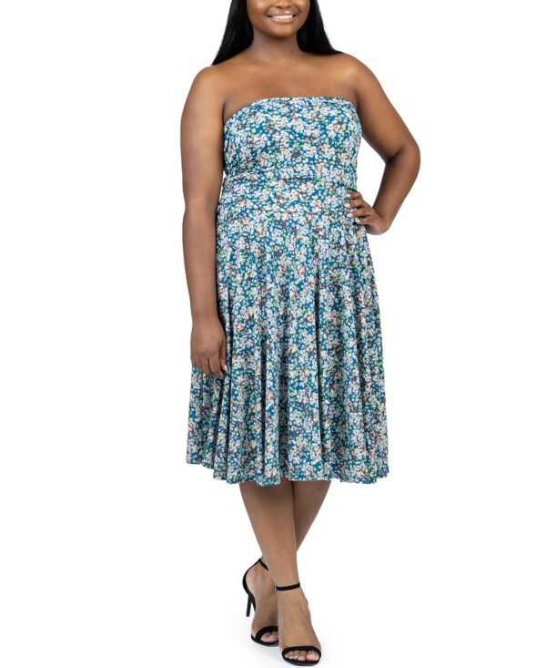 24seven Comfort Apparel Plus Size Strapless Tube Top Knee Length Dress - Blue Multi