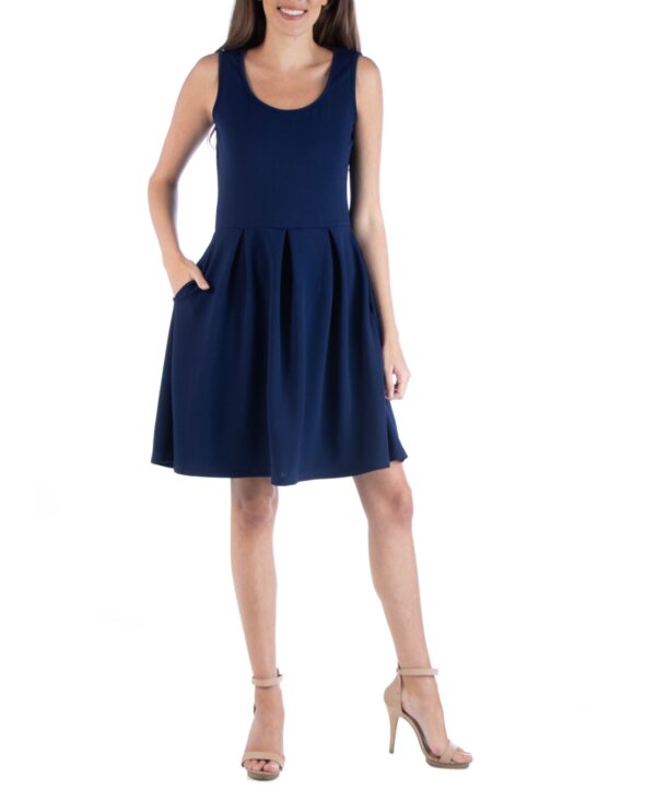 24seven Comfort Apparel Sleeveless Skater Pleated Mini Dress with Pockets - Navy