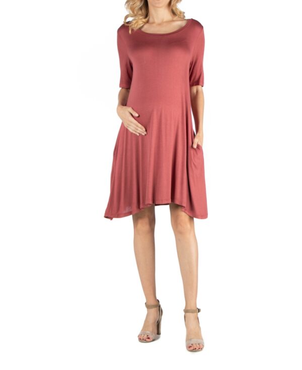 24seven Comfort Apparel Soft Flare T-Shirt Maternity Dress with Pocket Detail - Cinnamon