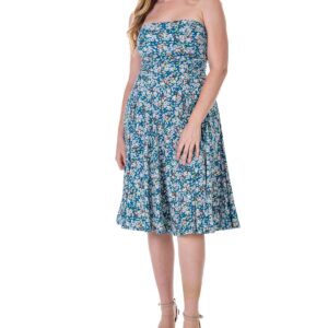 24seven Comfort Apparel Teal Floral Strapless Tube Top Flowy Knee Length Dress - Miscellane