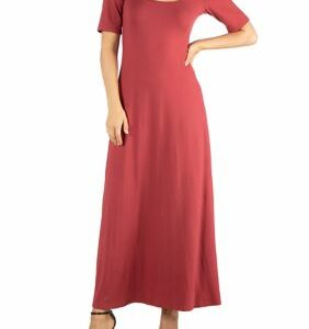 24seven Comfort Apparel Women's Elbow Sleeve A-Line Maxi Dress, Brown, Small