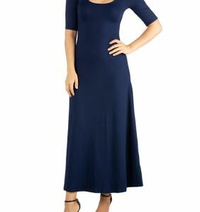 24seven Comfort Apparel Women's Elbow Sleeve A-Line Maxi Dress, Navy Blue, Small