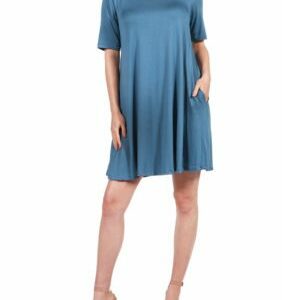 24seven Comfort Apparel Women's Knee Length Pocket T-Shirt Dress, Blue, Small