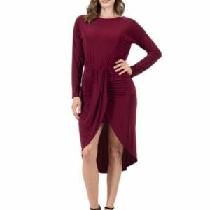 24seven Comfort Apparel Women's Long Sleeve Dressy Tulip Skirt Knee Length Dress, Burgundy, Medium