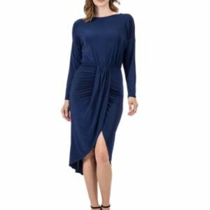 24seven Comfort Apparel Women's Long Sleeve Dressy Tulip Skirt Knee Length Dress, Navy Blue, Medium