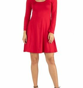 24seven Comfort Apparel Women's Long Sleeve Flared T-Shirt Dress, Red, Medium