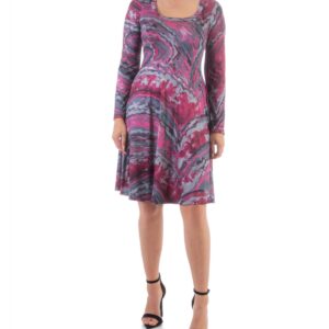 24seven Comfort Apparel Women's Long Sleeve Knee Length T-shirt Dress - Pink, Gray Multi