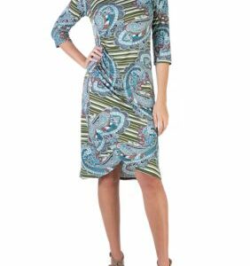 24seven Comfort Apparel Women's Paisley Elbow Sleeve Ruched Tulip Skirt Knee Length Dress, Small