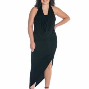 24seven Comfort Apparel Women's Plus Size Cowl Neck Long Asymmetrical Backless Halter Dress, Black