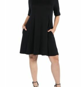 24seven Comfort Apparel Women's Plus Size Knee Length Pocket T-Shirt Dress, Black, 2X