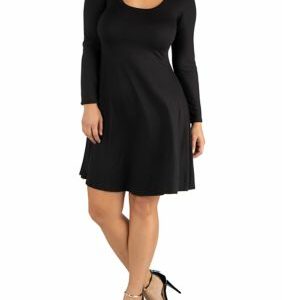 24seven Comfort Apparel Women's Plus Size Long Sleeve Flared T-Shirt Dress, Black, 3X