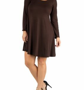 24seven Comfort Apparel Women's Plus Size Long Sleeve Flared T-Shirt Dress, Brown, 1X