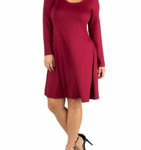 24seven Comfort Apparel Women's Plus Size Long Sleeve Flared T-Shirt Dress, Red, 2X