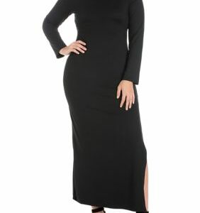 24seven Comfort Apparel Women's Plus Size Long Sleeve Side Slit Fitted Black Maxi Dress