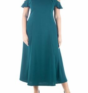 24seven Comfort Apparel Women's Plus Size Ruffle Cold Shoulder A-Line Maxi Dress, Green