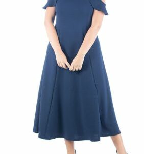 24seven Comfort Apparel Women's Plus Size Ruffle Cold Shoulder A-Line Maxi Dress, Navy Blue