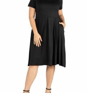 24seven Comfort Apparel Women's Plus Size Short Sleeve Midi Skater Dress with Pockets, Black, 3X