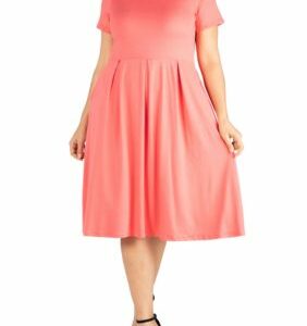 24seven Comfort Apparel Women's Plus Size Short Sleeve Midi Skater Dress with Pockets, Coral, 1X