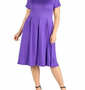 24seven Comfort Apparel Women's Plus Size Short Sleeve Midi Skater Dress with Pockets, Lilac, 3X