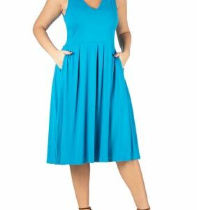 24seven Comfort Apparel Women's Plus Size Sleeveless Midi Fit and Flare Pocket Dress