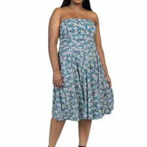 24seven Comfort Apparel Women's Plus Size Teal Floral Strapless Tube Top Flowy Knee Length Dress, Blue