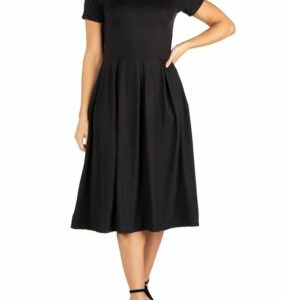 24seven Comfort Apparel Women's Short Sleeve Midi Skater Dress With Pockets, Black, 1X