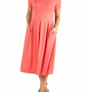 24seven Comfort Apparel Women's Short Sleeve Midi Skater Dress With Pockets, Coral, X-Large