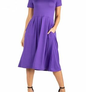 24seven Comfort Apparel Women's Short Sleeve Midi Skater Dress With Pockets, Lilac, X-Large