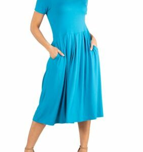 24seven Comfort Apparel Women's Short Sleeve Midi Skater Dress With Pockets, Turquoise, Small