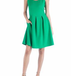 24seven Comfort Apparel Women's Sleeveless Pleated Skater Dress with Pockets, Green, X-Large