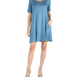 24seven Comfort Apparel Women's Soft Flare T-shirt Dress with Pocket Detail - Blue