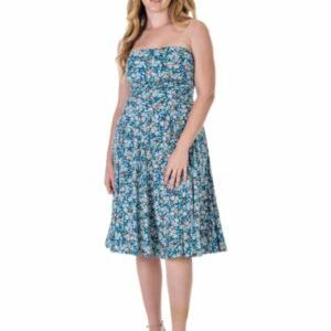 24seven Comfort Apparel Womens Teal Floral Strapless Tube Top Flowy Knee Length Dress, Blue, Large