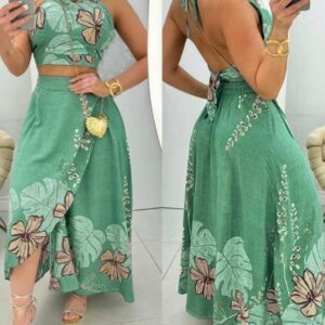 2PCS/Set Palm Leaf Floral Print Backless Top & Slit Skirt