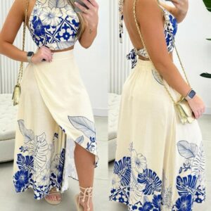 2PCS/Set Tropical Print Halter Top & Slit Skirt Set