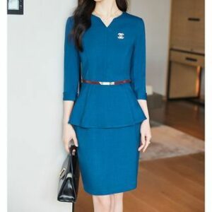 3/4-Sleeve Notch Neck Plain Peplum Mini Sheath Dress