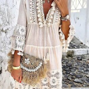 3/4 Sleeve V Neck Holiday Boho Smock Dress White/US 8