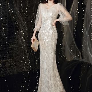 3/4-Sleeve V-Neck Plain Sequin Panel Mesh Trumpet Evening Dress / Mini Sheath Cocktail Dress