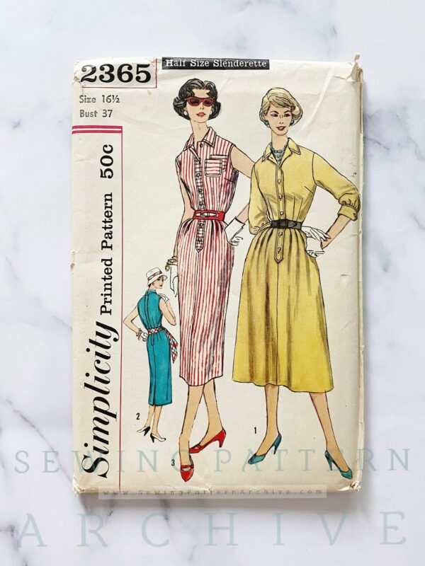 50S Simplicity 2365. 37 Bust Uncut Ff. Half Size Shirt Dress Slim Or Full Midi Skirt. Slenderette 1950S Vintage Sewing Pattern Volup Plus