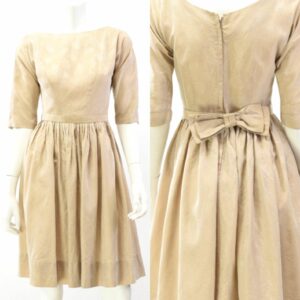 50S Vintage Womens 2 Textured Beige Tea Dress 3/4 Sleeves Bow Details in White (Size 4xl)