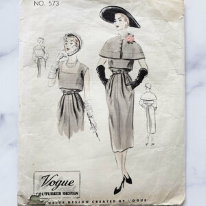 50S Vogue Couturier Design 573. 34 Bust. Slim Pleated Straight Skirt Cocktail Dress + Capelet Crop Cape Jacket. 1950S Vintage Sewing Pattern