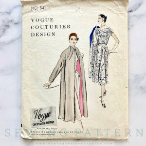 50S Vogue Couturier Design 841. 34 Bust. Pleat Detail Flare Skirt Cocktail Dress + Wide Swing Loose Long Coat. 1950S Vintage Sewing Pattern