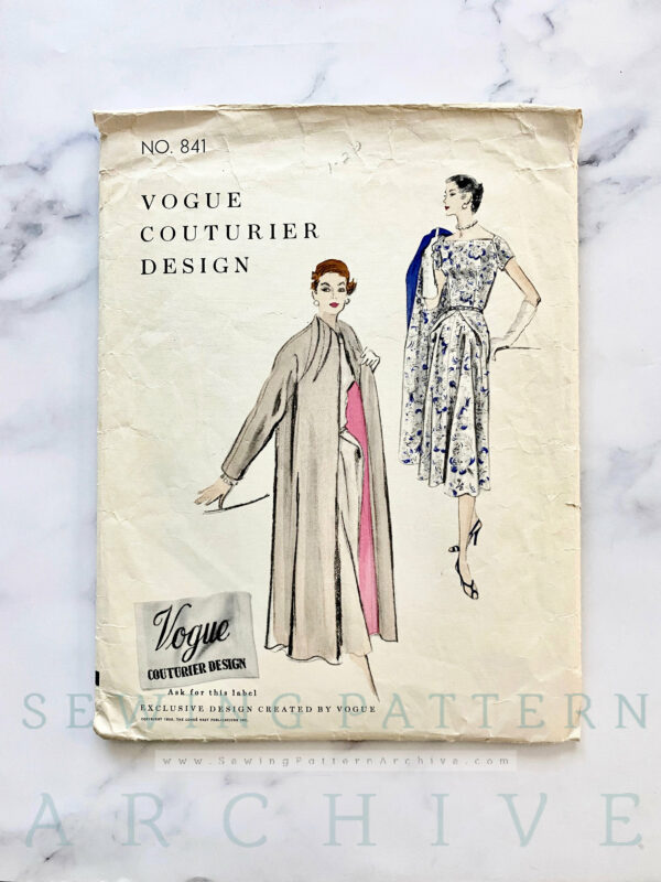 50S Vogue Couturier Design 841. 34 Bust. Pleat Detail Flare Skirt Cocktail Dress + Wide Swing Loose Long Coat. 1950S Vintage Sewing Pattern