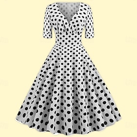 50s Polka Dots A-Line Dress Cotton Swing Dress Flare Dress Retro Vintage 1950s Women's Costume 3/4 Length Sleeve Midi Dress